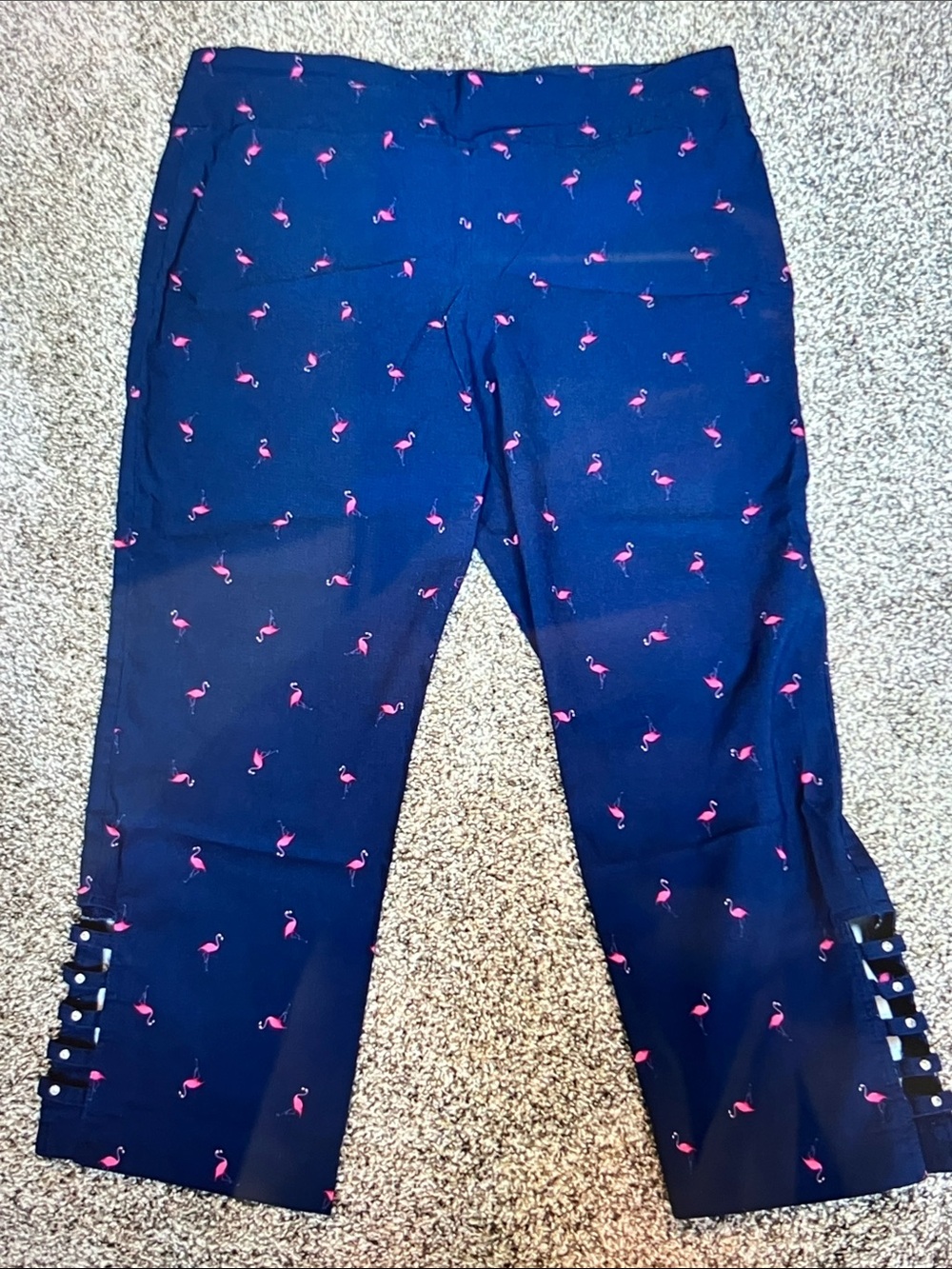 Attyre Navy Capris with Pink Flamingo Motif and Side Buckle Details